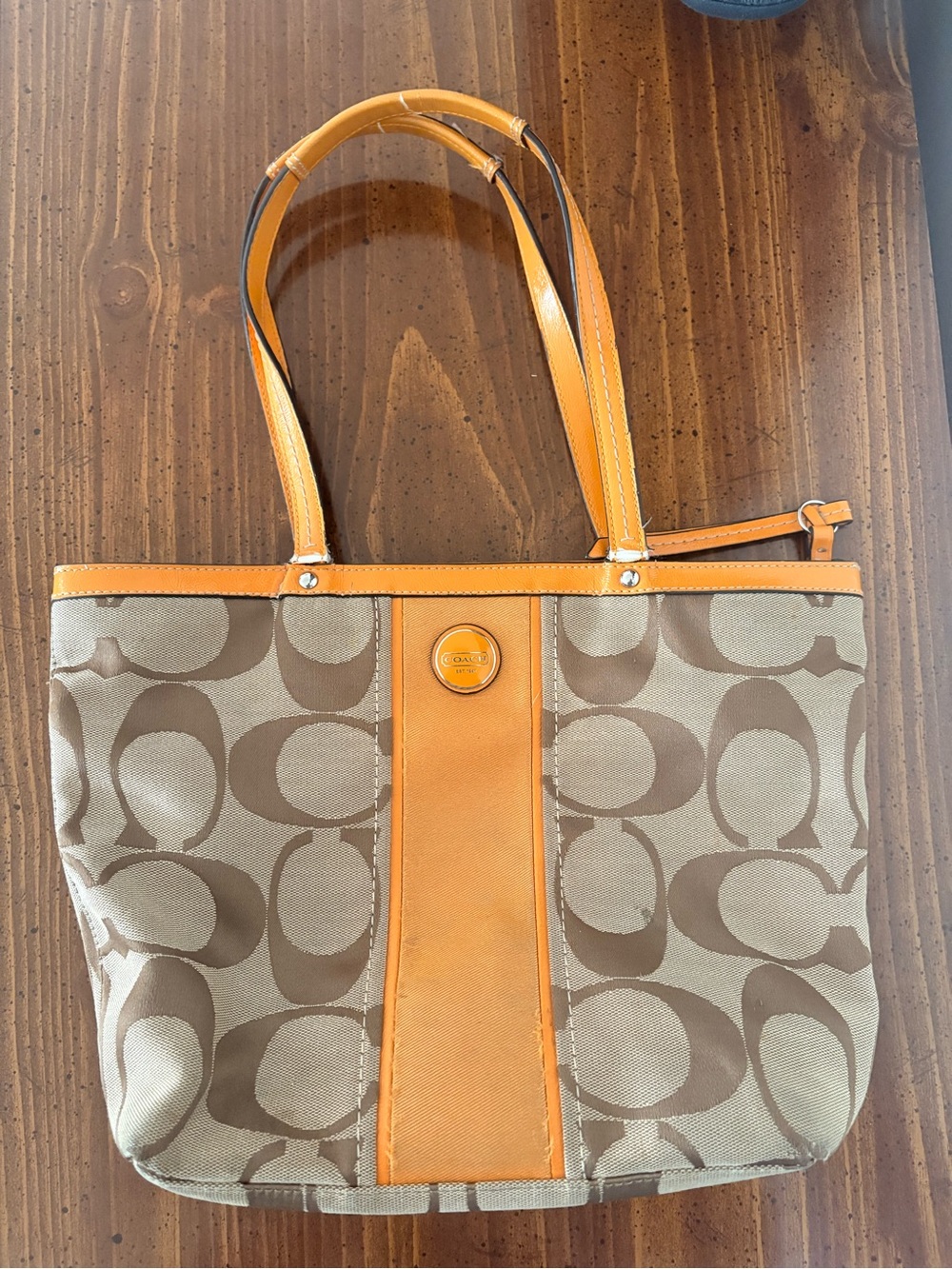 Coach Tan Signature Canvas Tote with Orange Trim Luxury Boho Chic Preppy